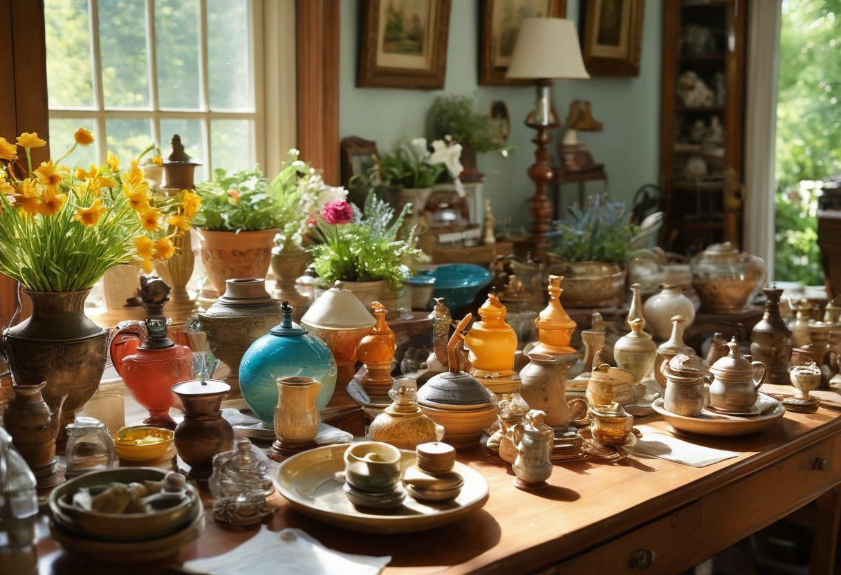 A bustling estate sale scene filled with diverse shoppers exploring various tables filled with unique antiques, vintage items, and collectibles. Sunlight streams through a charming garden setting, highlighting the treasures and creating a sense of excitement. The expressions of the shoppers convey curiosity and delight as they uncover hidden gems among the clutter. Illustrate with a warm, inviting color palette, capturing the essence of discovery and community. vibrant colors. 3D.