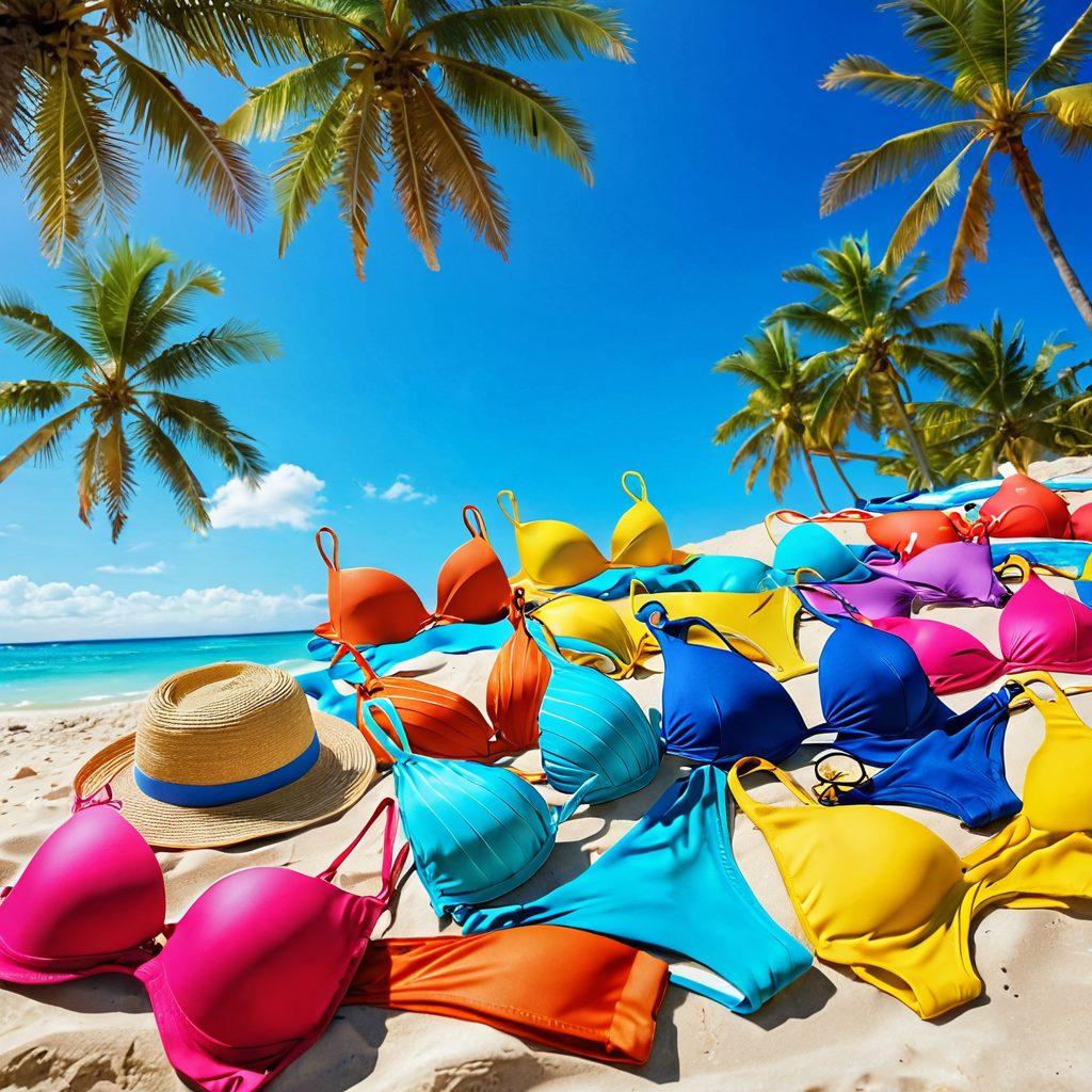 A vibrant beach scene featuring an array of colorful bikinis displayed on a sandy shore, with palm trees swaying in the background. Include elements of an estate sale, like vintage decor items and chic accessories laid out on a beach blanket. Capture the essence of summer fashion and treasure hunting in one image, highlighting bright sunlight and a clear blue sky. vibrant colors. 3D. sunny atmosphere.